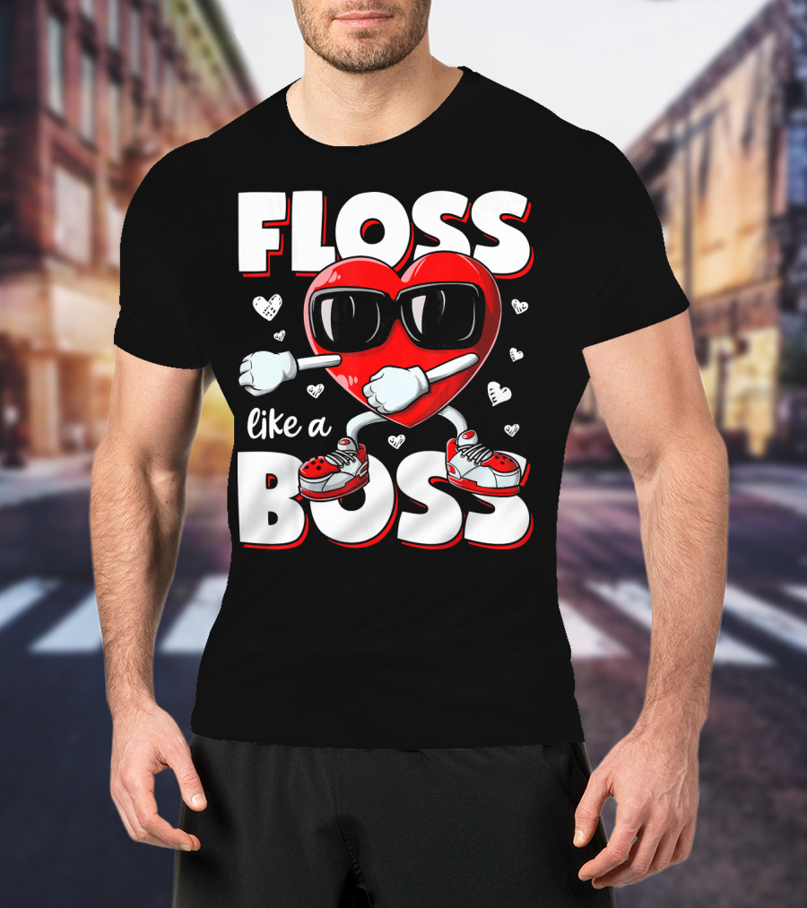 Floss Like A Boss Heart With Sunglasses Valentines Day T-Shirt