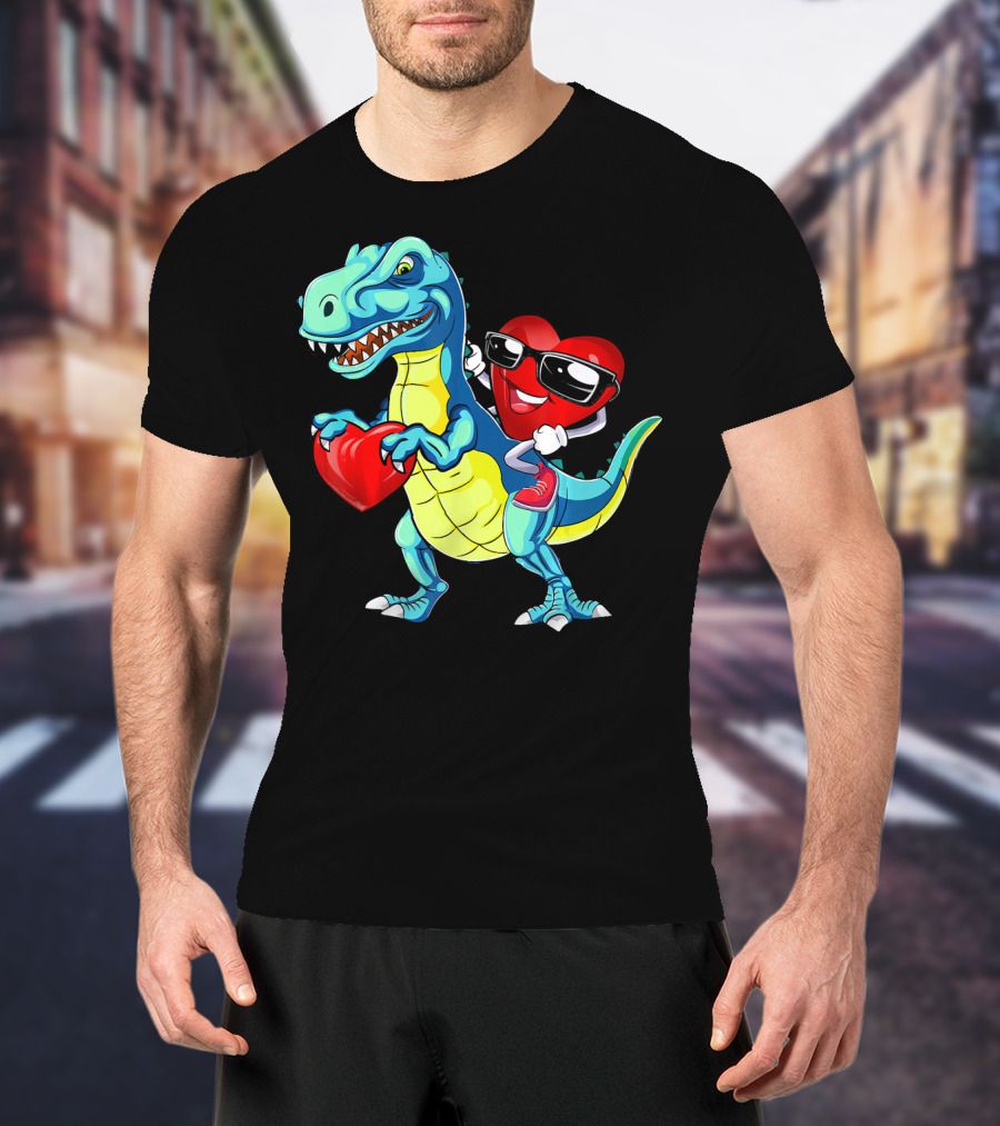 Valentine Heart With Sunglasses Riding Dinosaur With Heart T-Shirt