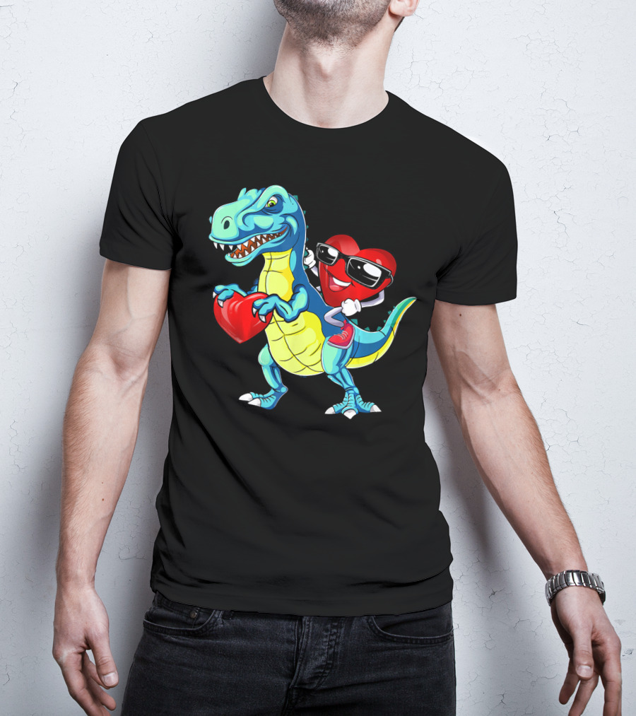 Valentine Heart With Sunglasses Riding Dinosaur With Heart T-Shirt