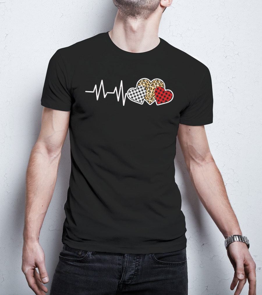 Heartbeat Three Patterned Hearts Leopard Buffalo Plaid T-Shirt