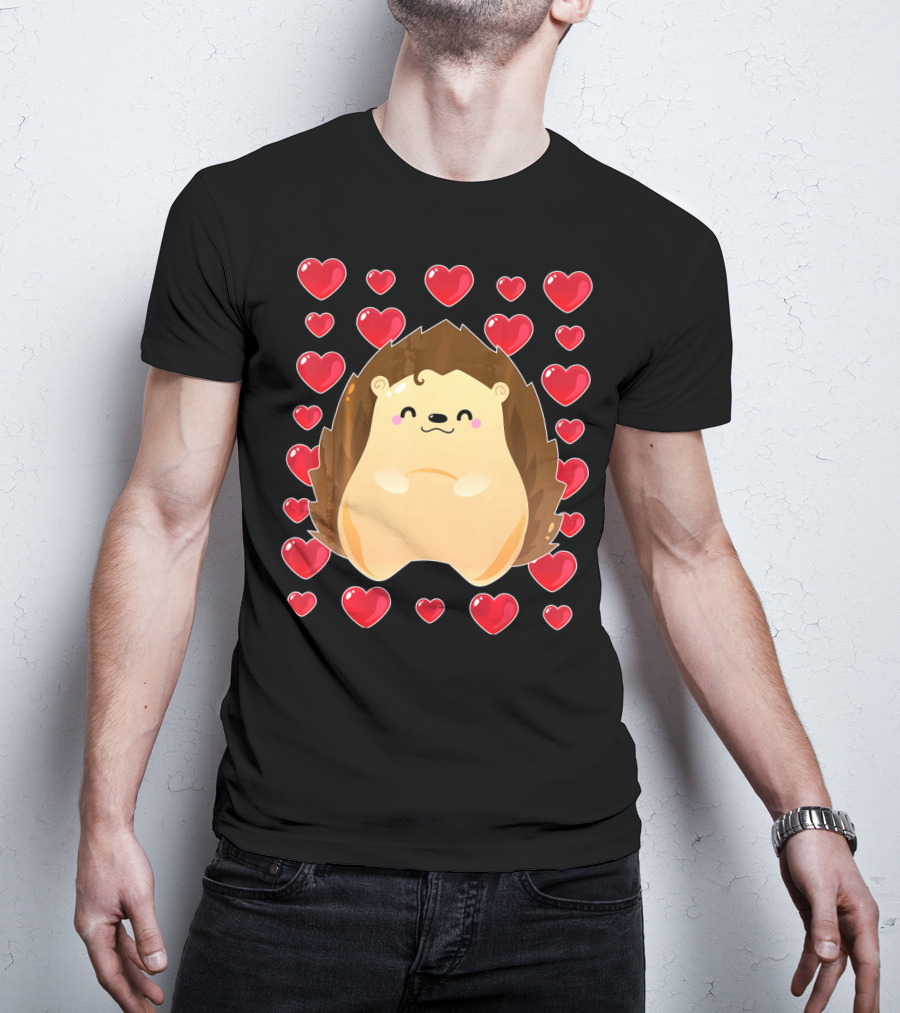 Hedgehog Surrounded By Hearts For Valentines Day T-Shirt