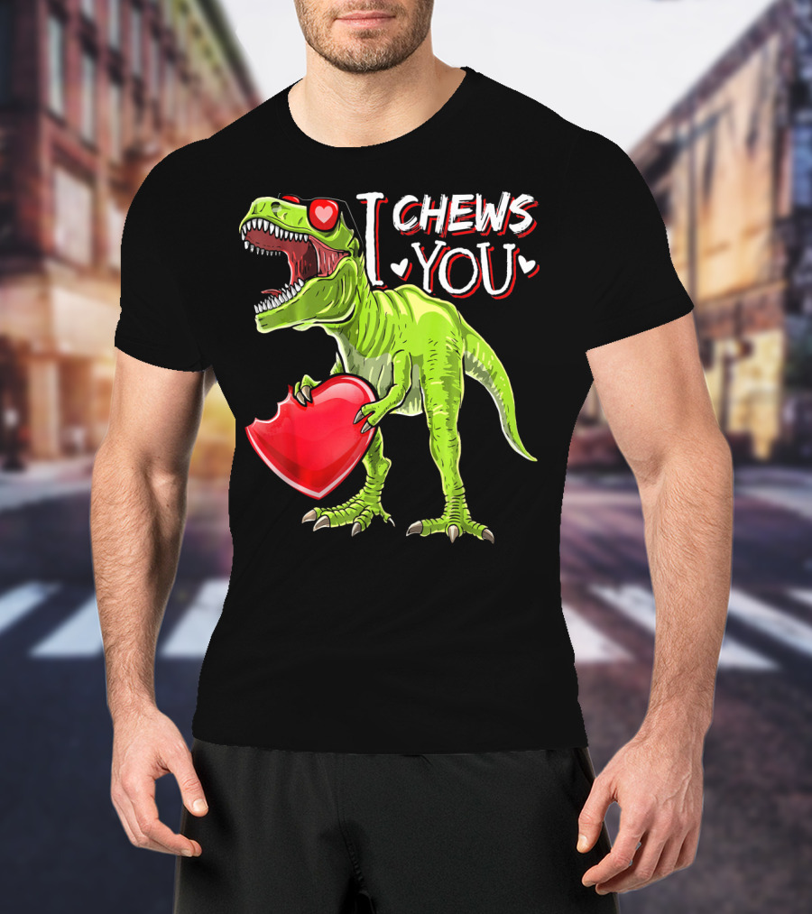 I Chews You Valentine Rex Dinosaur Holding Heart With Red Glasses T-Shirt