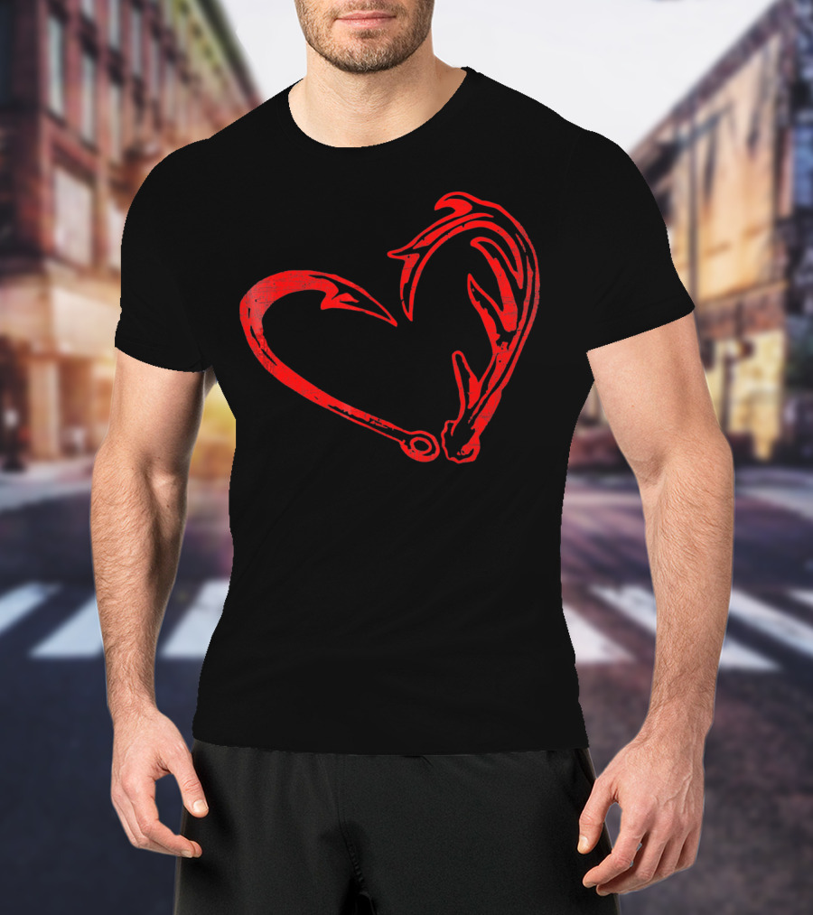 Hook And Antler Heart Fisherman Hunter Val T-Shirt
