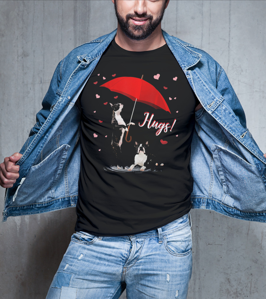 Hugs Boston Terrier Holding Red Umbrella Surrounded By Hearts T-Shirt