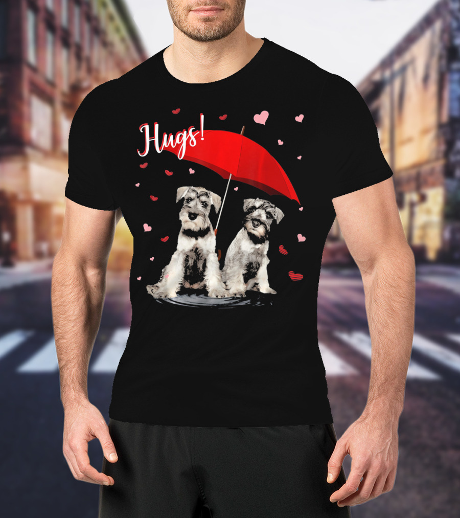 Hugs Schnauzers Under Red Umbrella With Hearts T-Shirt