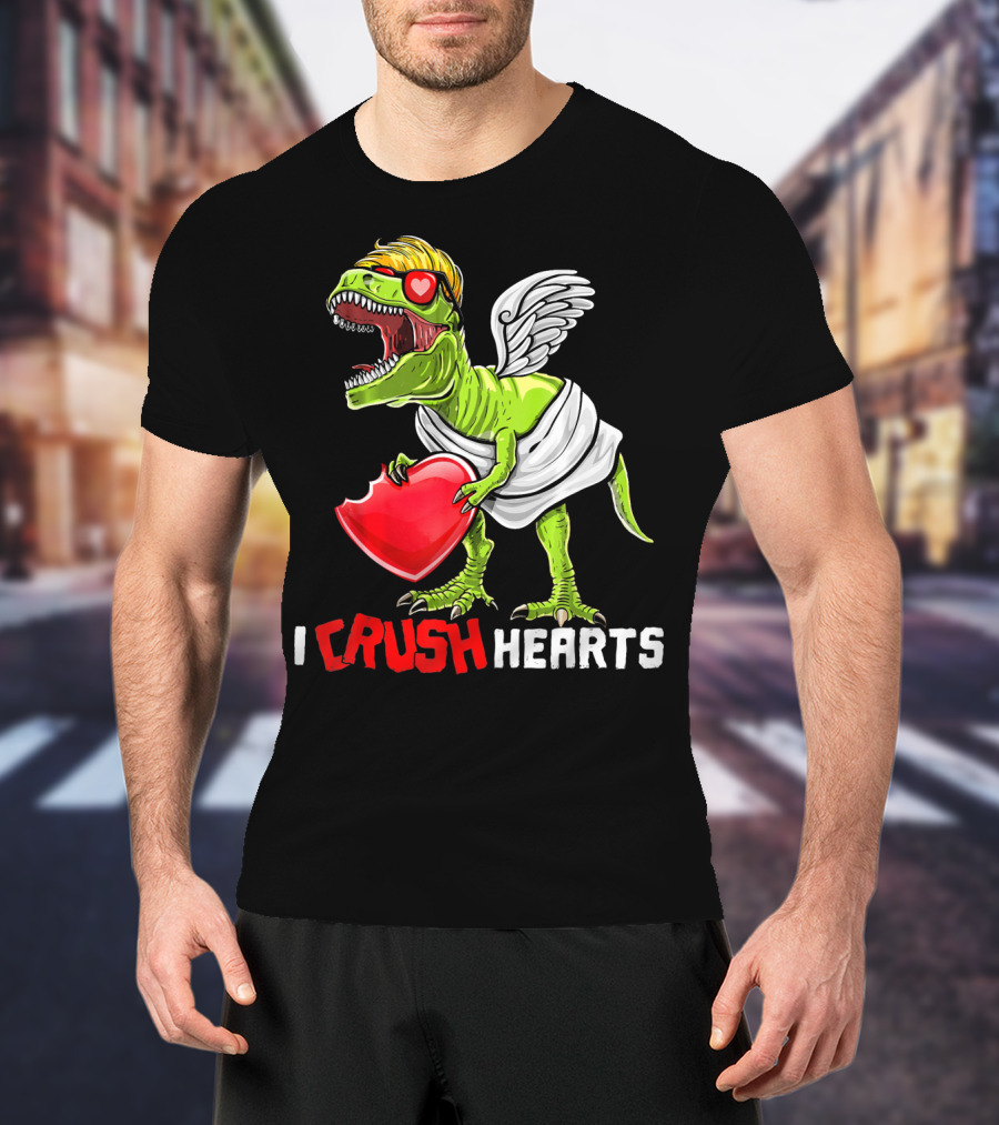 I Crush Hearts Valentine Day T-Rex With Wings And Heart T-Shirt