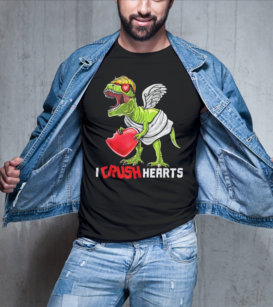 I Crush Hearts Valentine Day T-Rex With Wings And Heart T-Shirt
