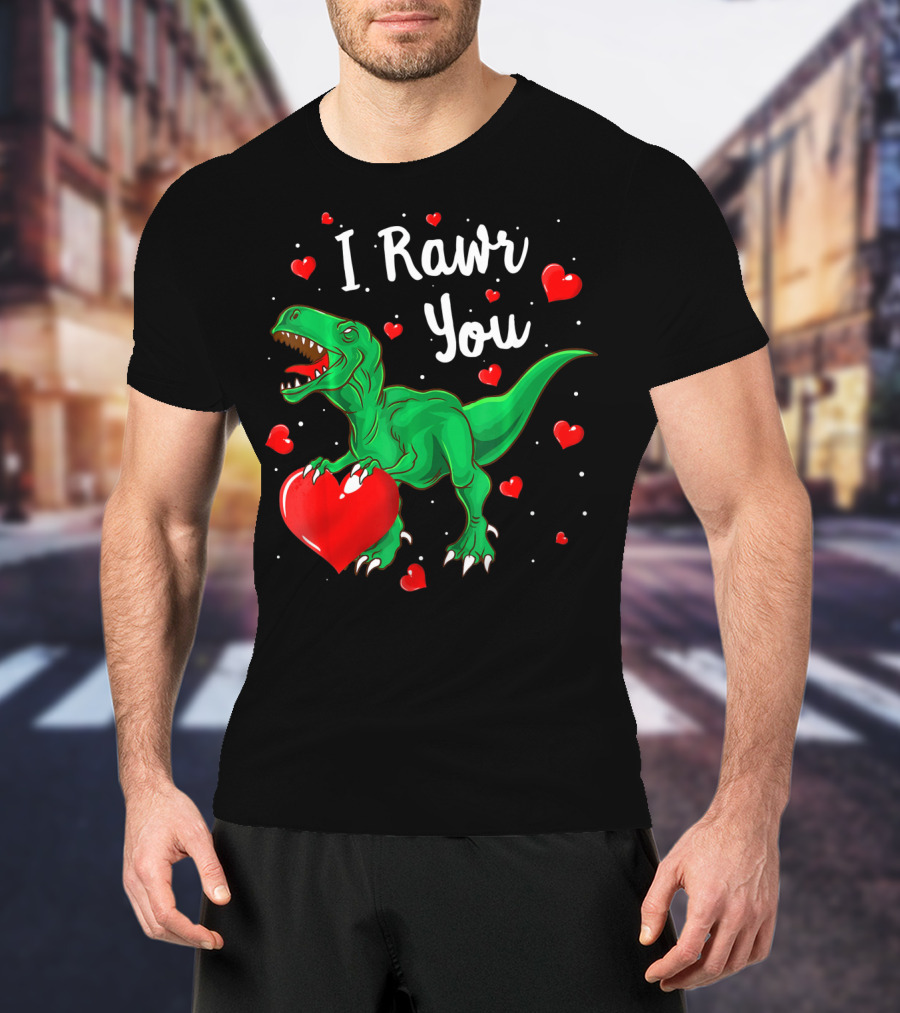 I Rawr You Dinosaur Valentine Green T-Rex With Red Hearts T-Shirt