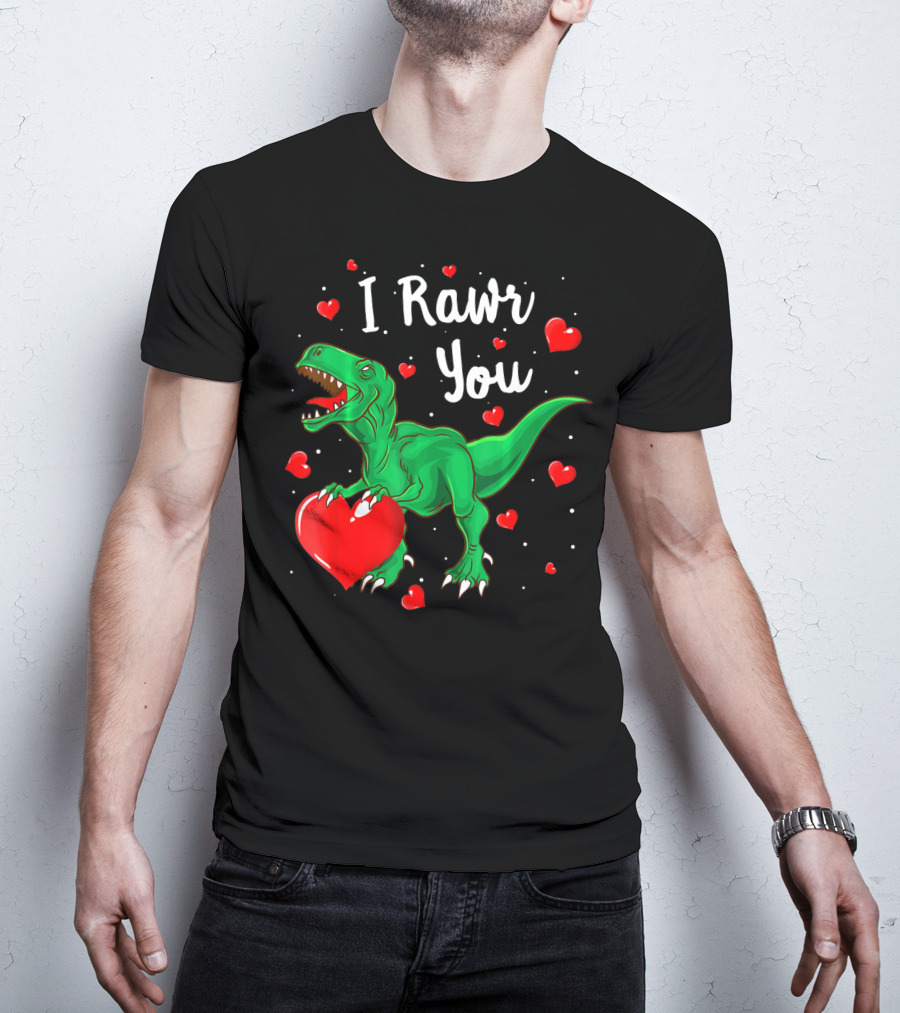 I Rawr You Dinosaur Valentine Green T-Rex With Red Hearts T-Shirt