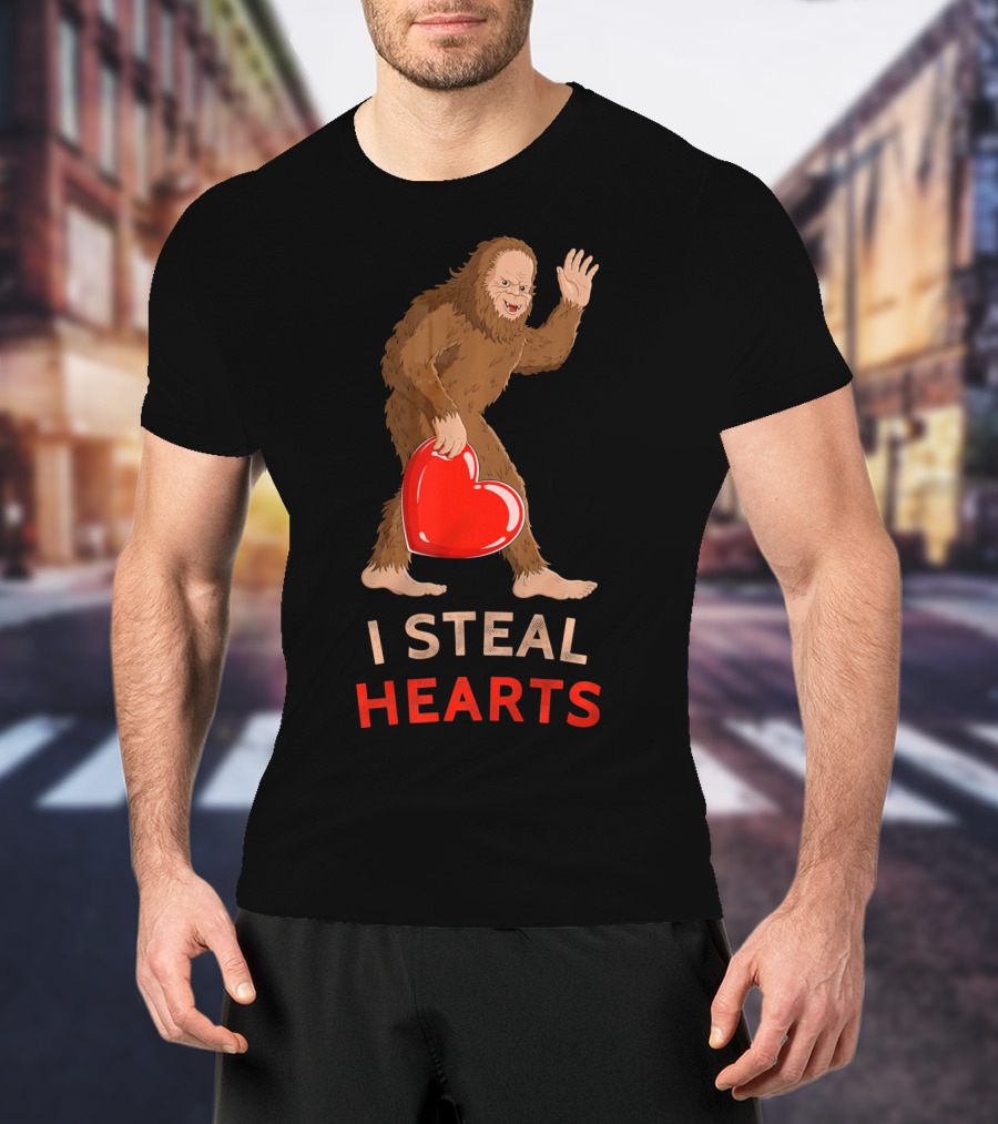 I Steal Hearts Bigfoot Valentine's Day Funny Sasquatch Image T-Shirt