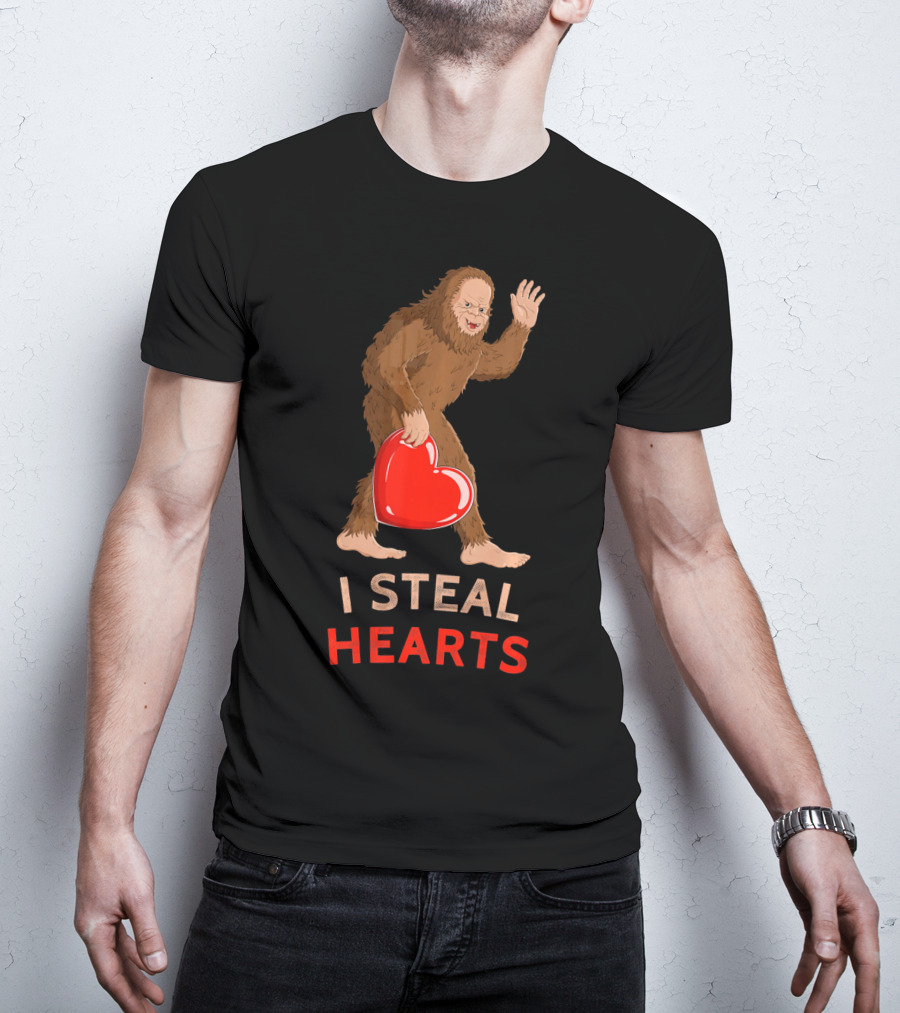 I Steal Hearts Bigfoot Valentine's Day Funny Sasquatch Image T-Shirt