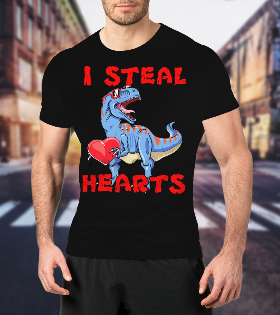 I Steal Hearts Dinosaur Valentines Red Heart Sunglasses T-Shirt