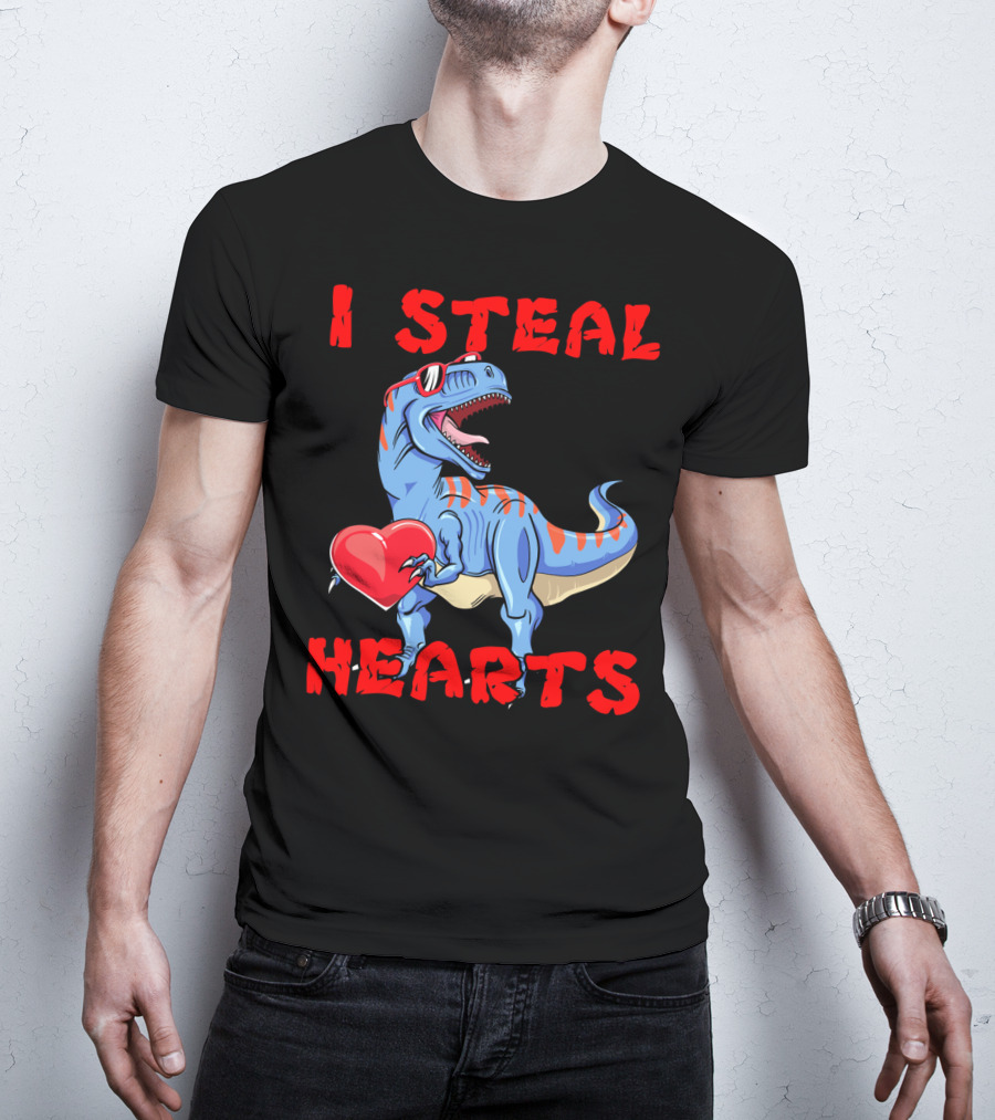 I Steal Hearts Dinosaur Valentines Red Heart Sunglasses T-Shirt