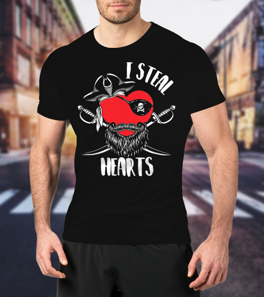 I Steal Hearts Funny Valentines Day Pirate Beard Patch Swords T-Shirt