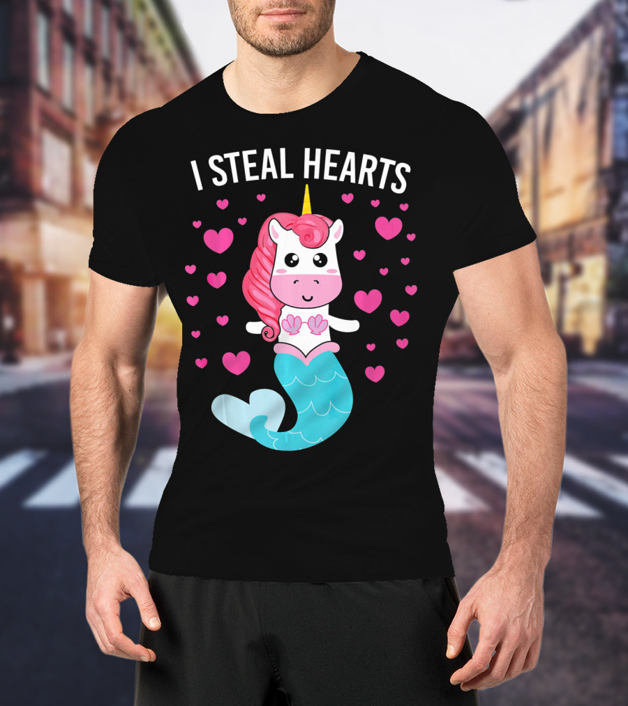 I Steal Hearts Cute Mermaid Unicorn Valentine Hearts T-Shirt