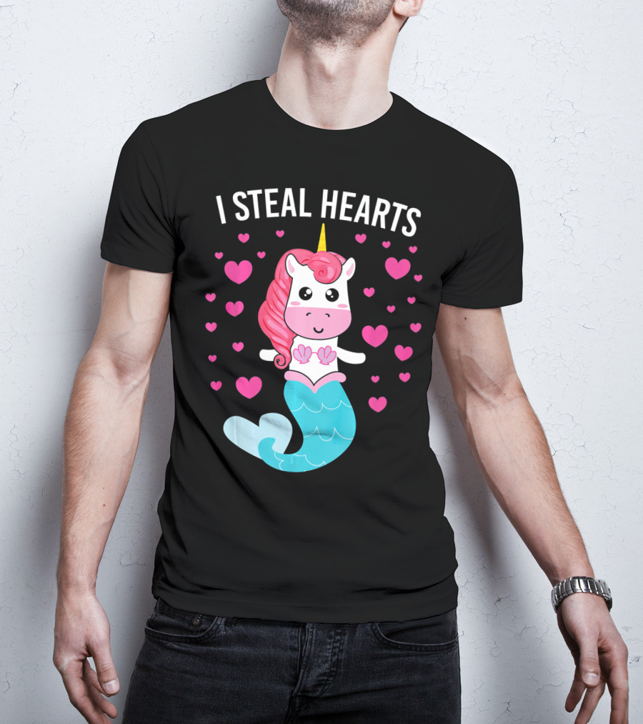 I Steal Hearts Cute Mermaid Unicorn Valentine Hearts T-Shirt