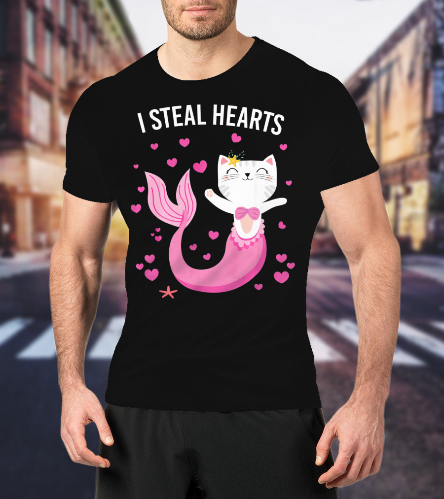 I Steal Hearts Purrmaid Cat Mermaid With Pink Hearts T-Shirt