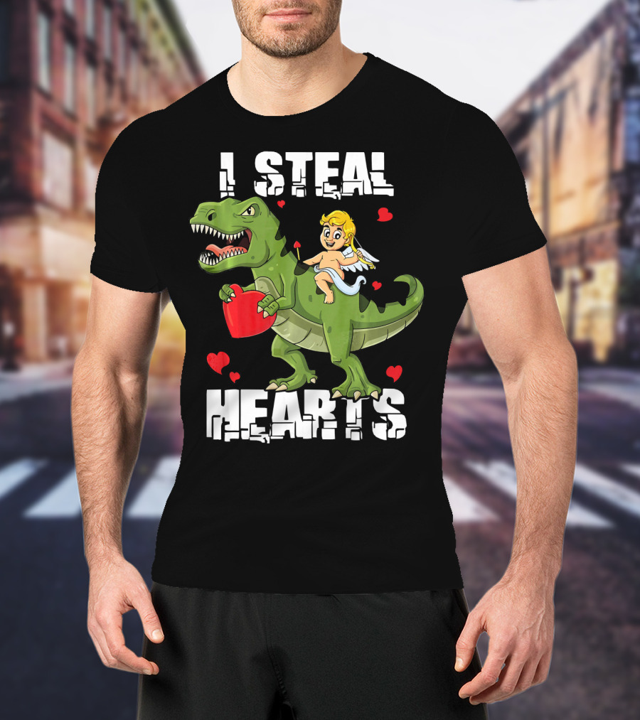 I Steal Hearts Dinosaur With Cupid And Valentines Hearts T-Shirt