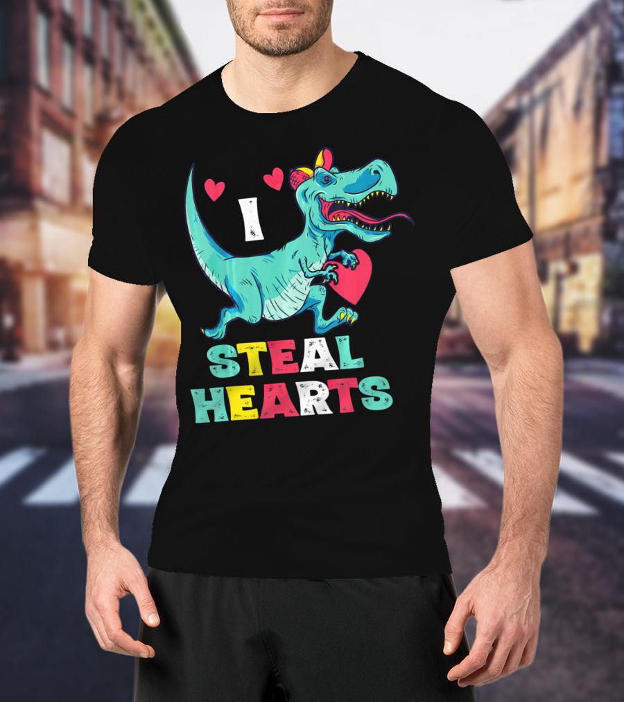 I Steal Hearts Valentine Dinosaur With Red Heart And Cute Hearts T-Shirt