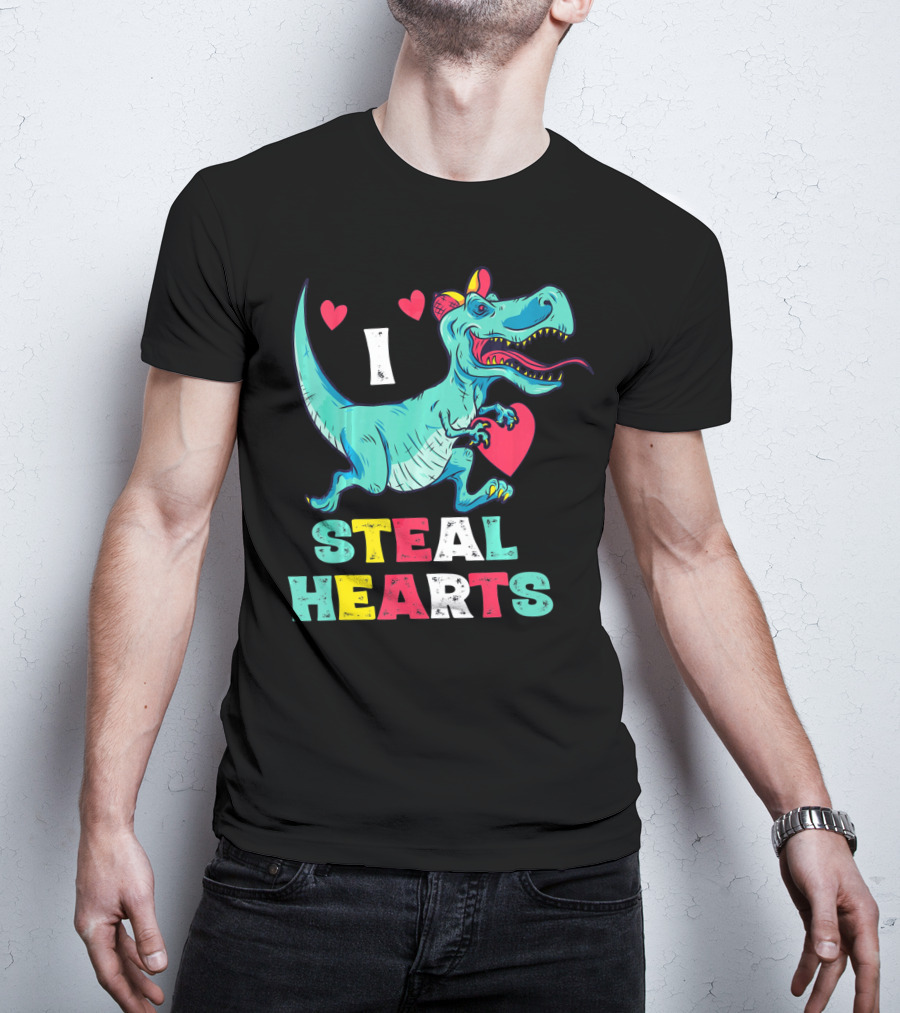 I Steal Hearts Valentine Dinosaur With Red Heart And Cute Hearts T-Shirt