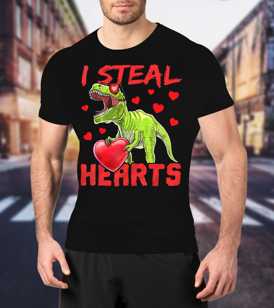 I Steal Hearts Valentines Day Rex Dino Holding Heart Surrounded By Hearts T-Shirt