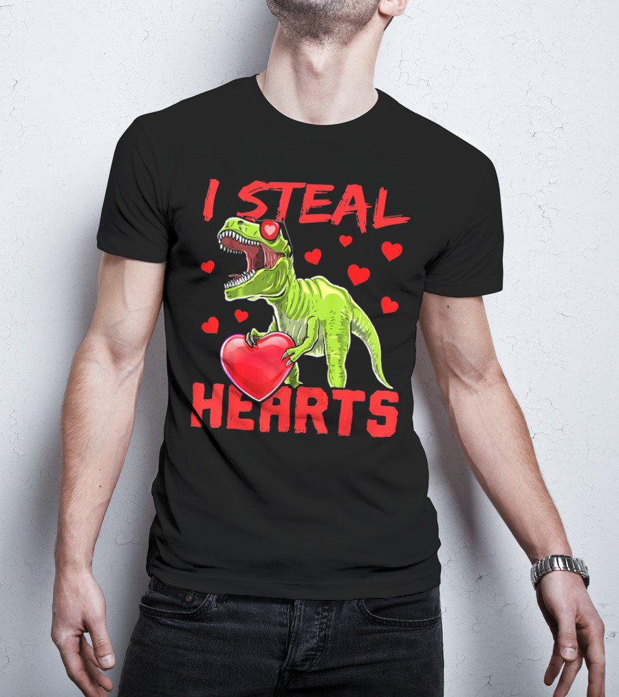 I Steal Hearts Valentines Day Rex Dino Holding Heart Surrounded By Hearts T-Shirt