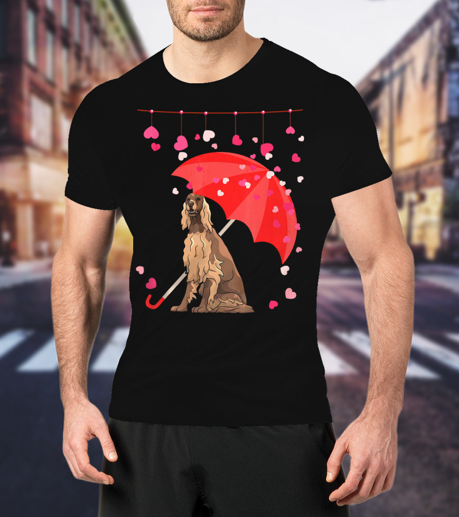 Irish Setter With Red Umbrella And Falling Hearts Valentine T-Shirt