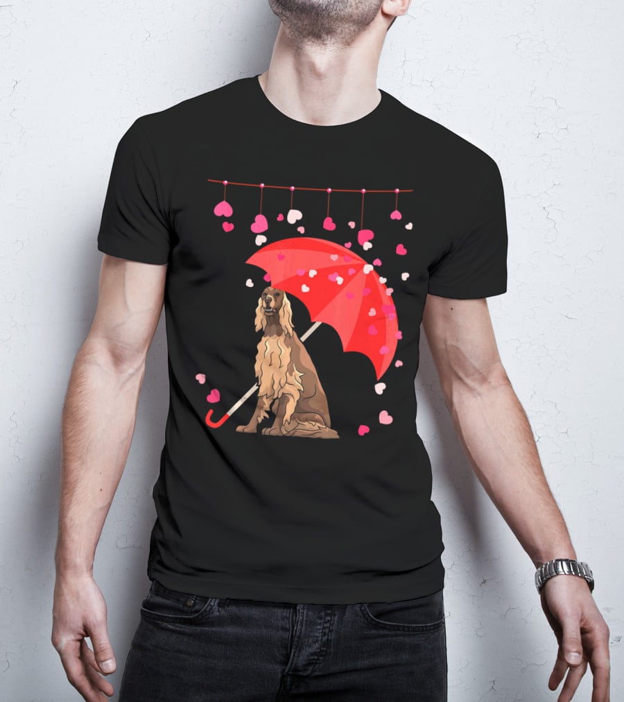 Irish Setter With Red Umbrella And Falling Hearts Valentine T-Shirt