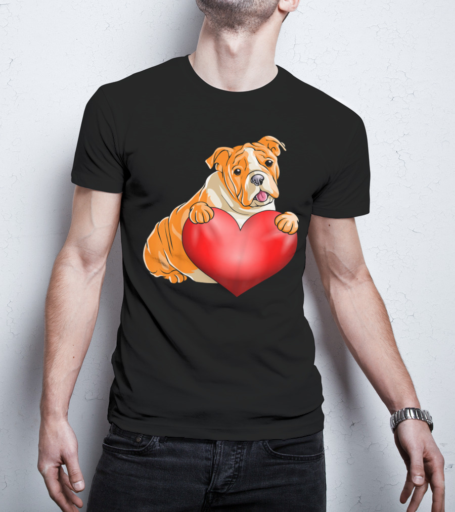 Kids Valentines Day Bulldog Heart Dog T-Shirt