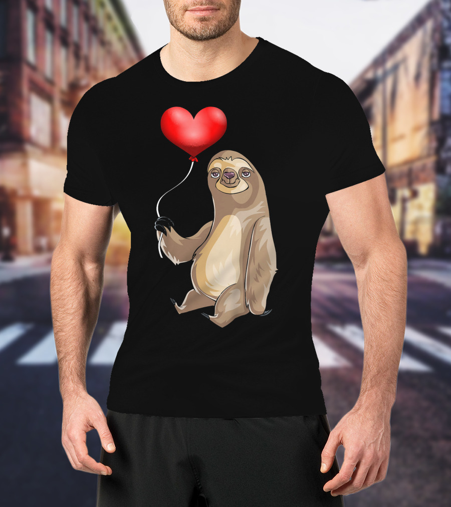 Kids Valentines Day Sloth Holding Heart Balloon T-Shirt