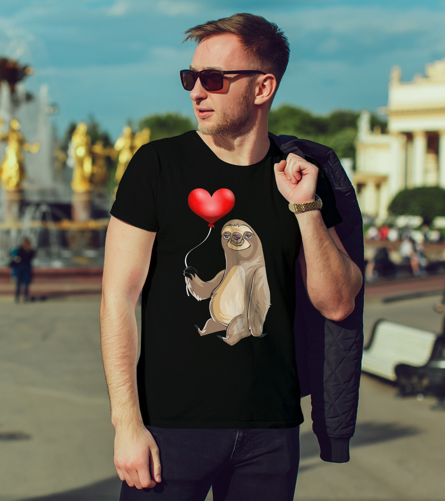 Kids Valentines Day Sloth Holding Heart Balloon T-Shirt