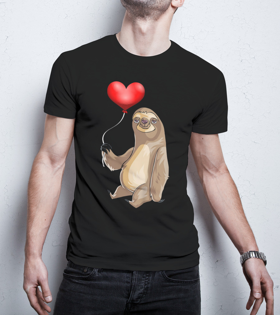 Kids Valentines Day Sloth Holding Heart Balloon T-Shirt
