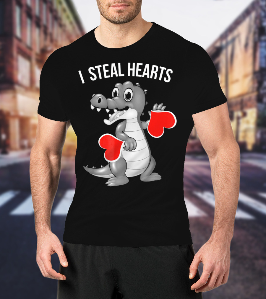 Kids Valentines Day I Steal Hearts Crocodile Holding Red Hearts T-Shirt