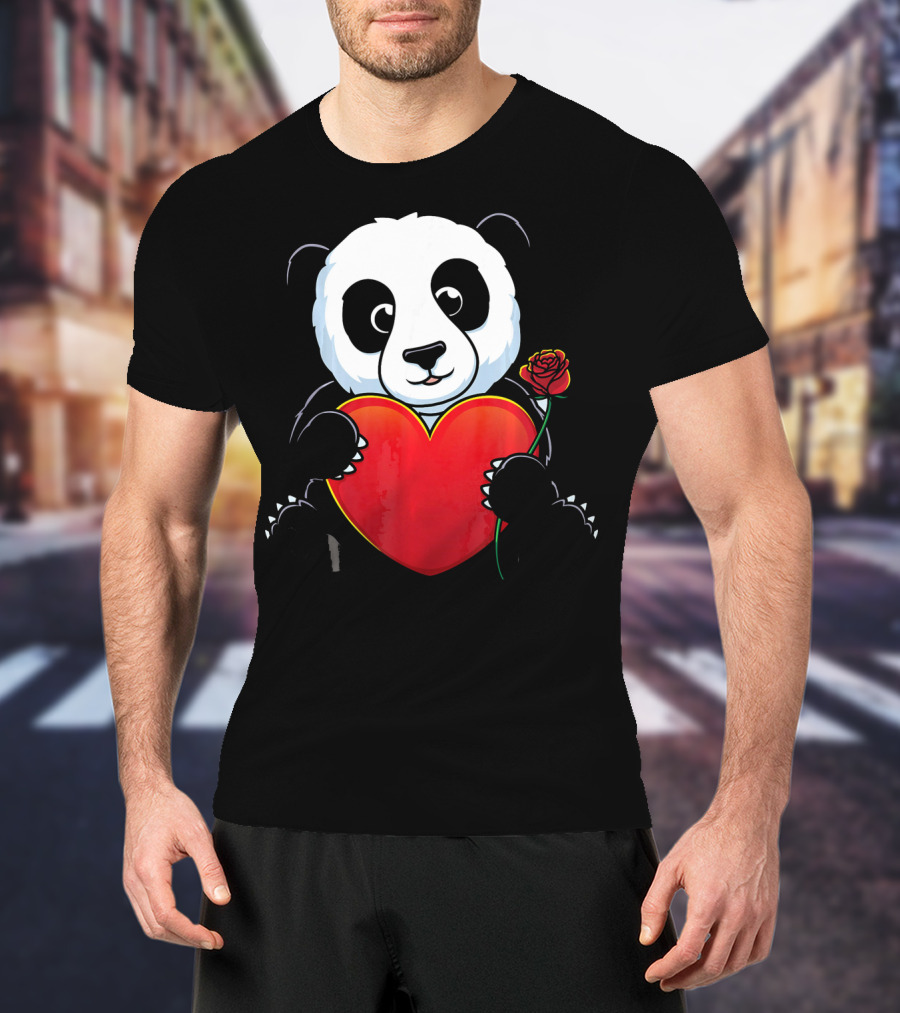 Panda Bear Holding Heart And Rose Valentines Day Love T-Shirt