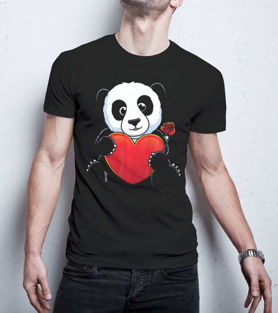 Panda Bear Holding Heart And Rose Valentines Day Love T-Shirt