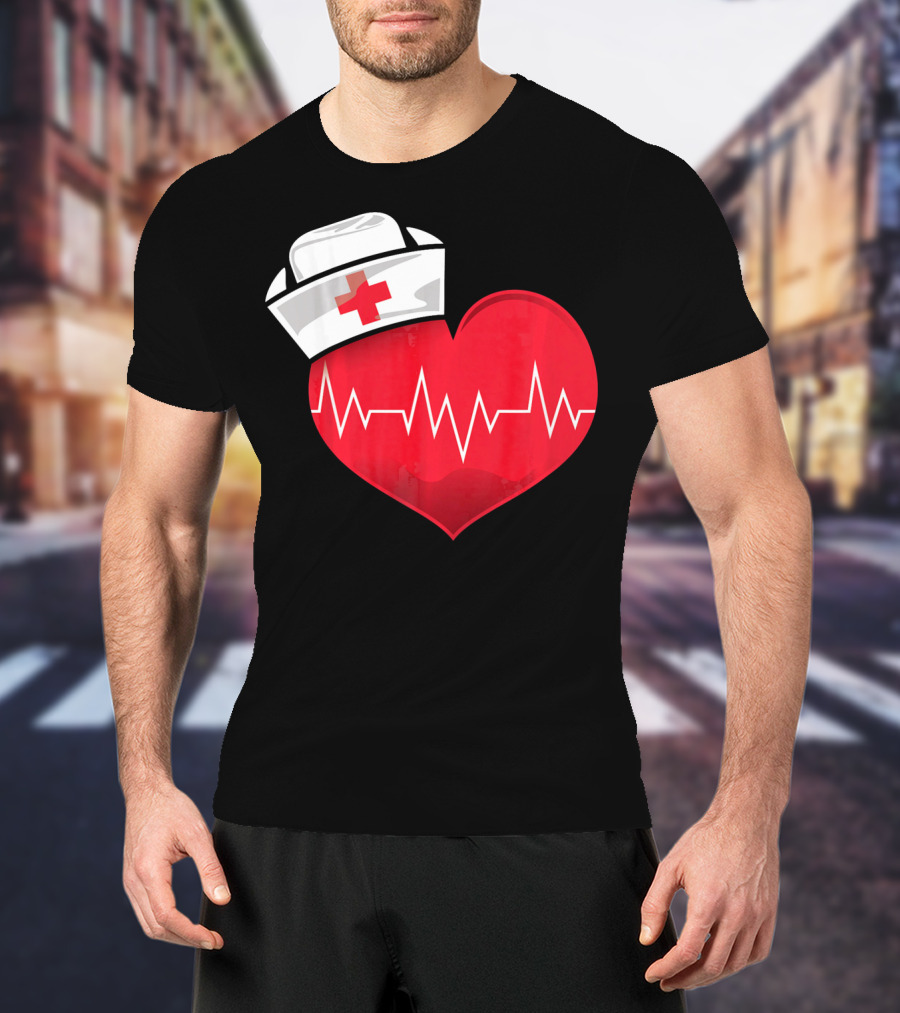 Nurse Heartbeat Valentine Costume With White Nurse Hat And Red Heartbeat Line T-Shirt