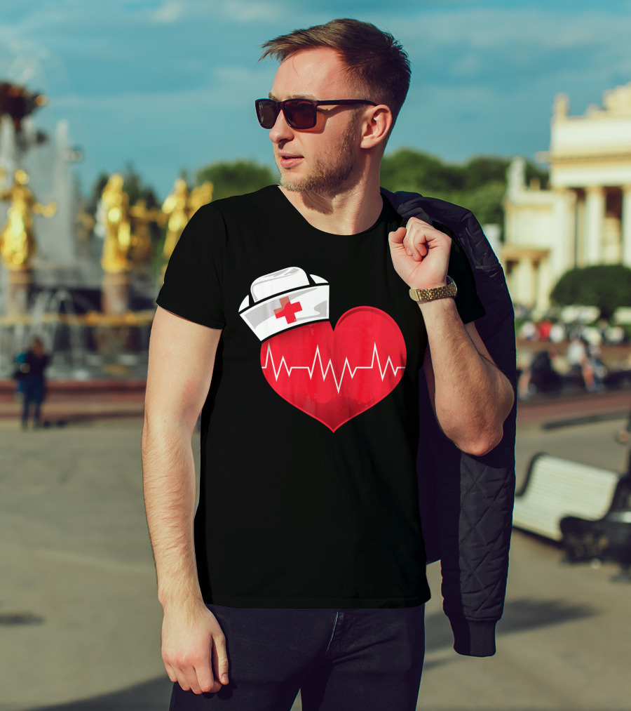 Nurse Heartbeat Valentine Costume With White Nurse Hat And Red Heartbeat Line T-Shirt