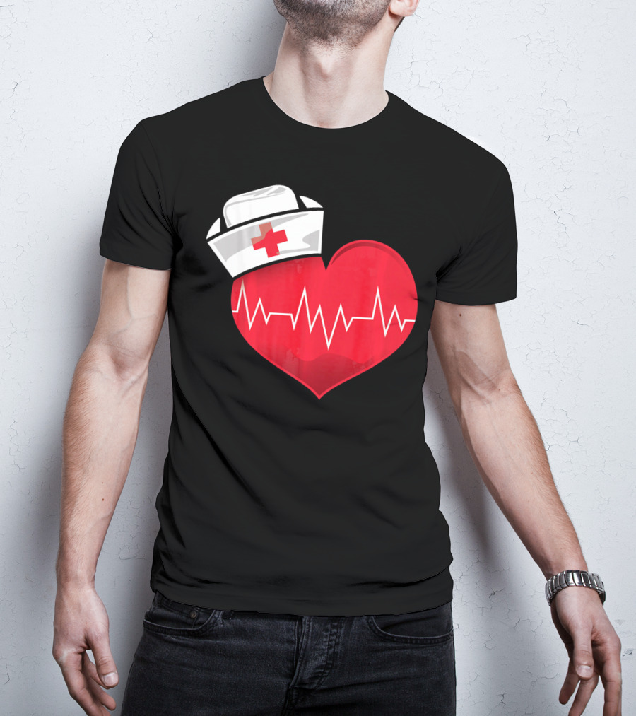 Nurse Heartbeat Valentine Costume With White Nurse Hat And Red Heartbeat Line T-Shirt