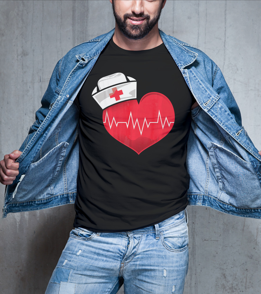 Nurse Heartbeat Valentine Costume With White Nurse Hat And Red Heartbeat Line T-Shirt