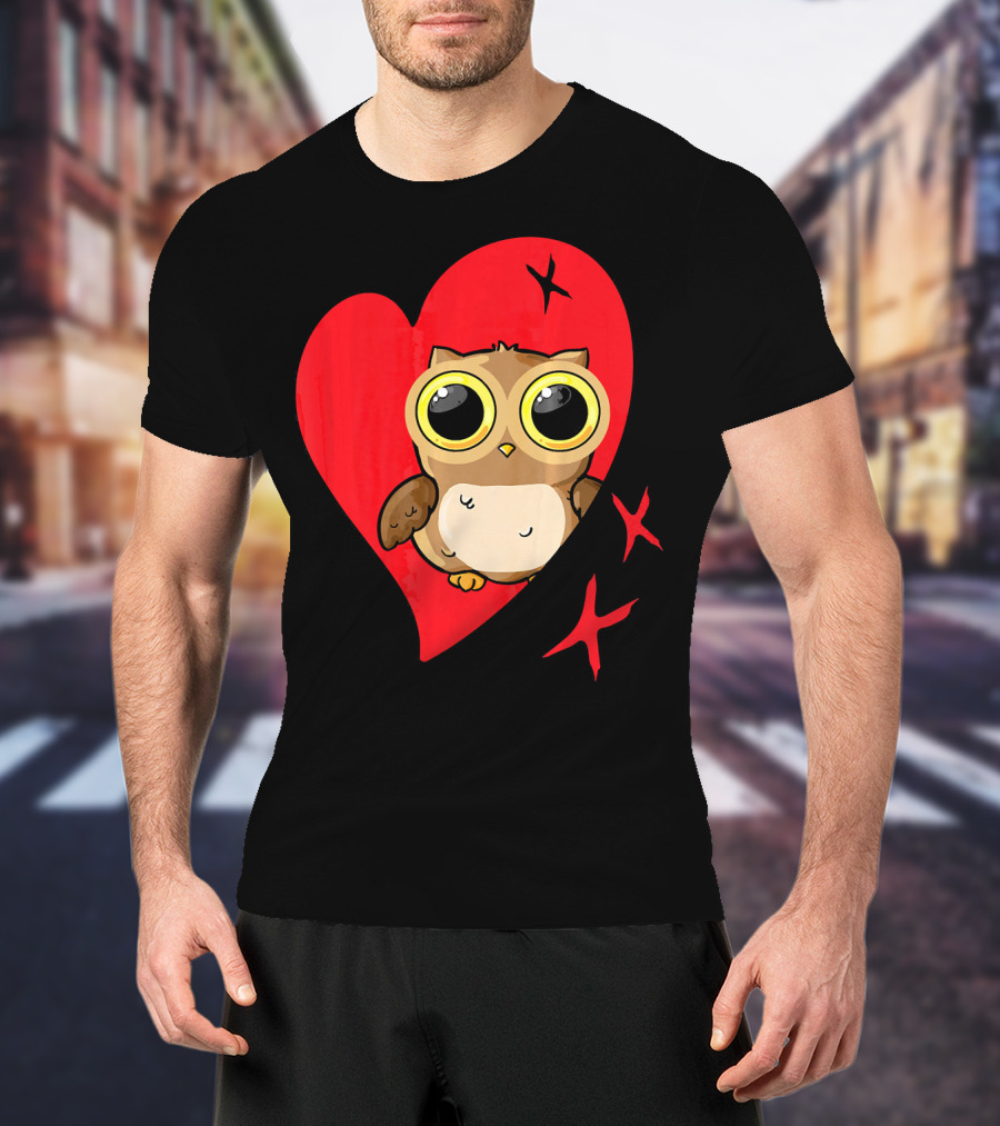 Valentine Day Red Heart Owl With Big Eyes T-Shirt