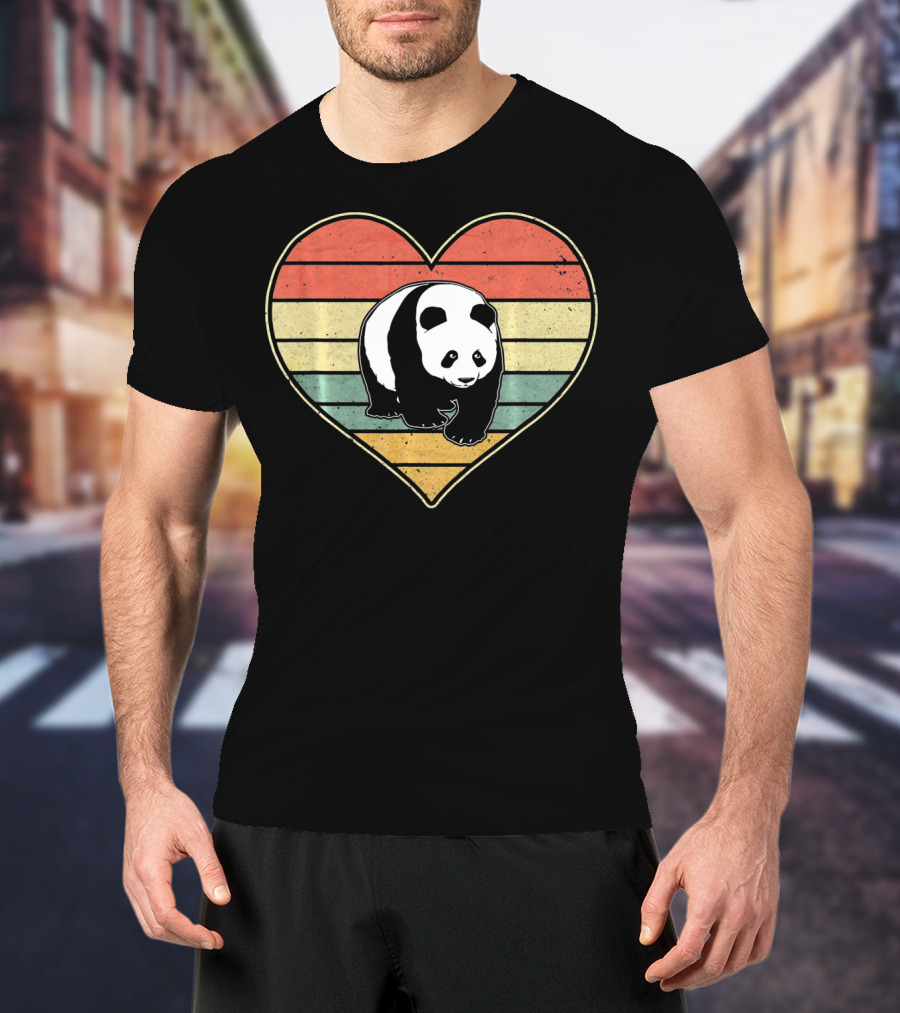 Panda Bear Vintage Heart Retro Stripes T-Shirt