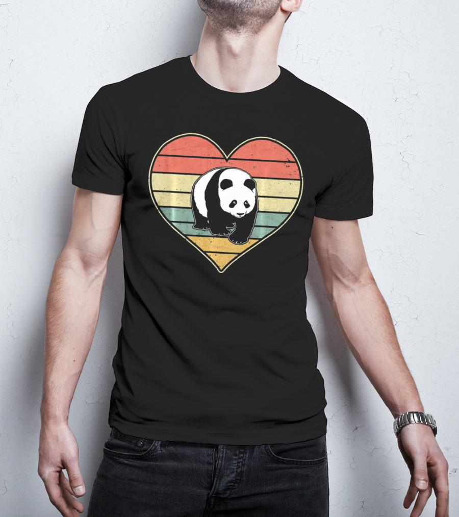 Panda Bear Vintage Heart Retro Stripes T-Shirt
