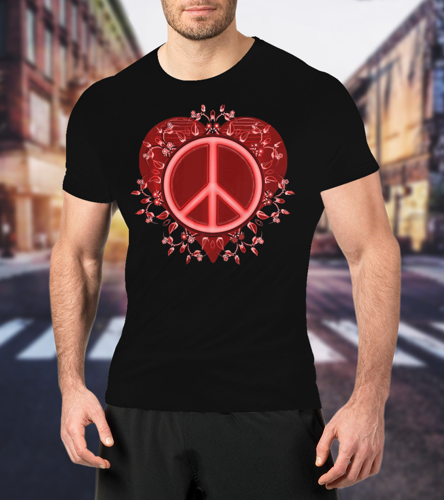 Peace Sign Heart Valentine Floral Embrace T-Shirt