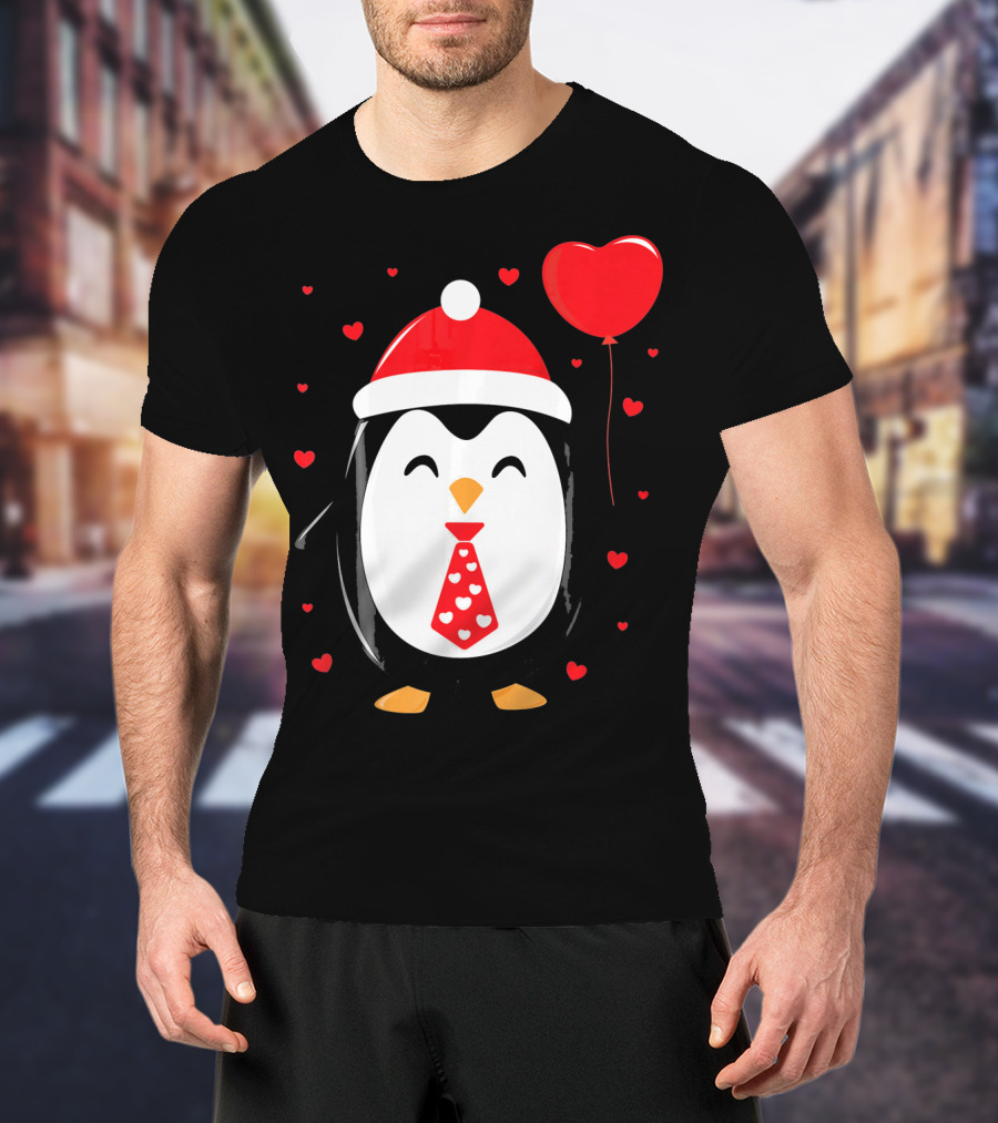 Penguin Valentines Day Heart Balloon Santa Hat And Hearts T-Shirt