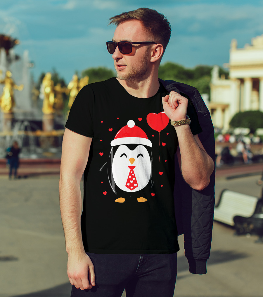 Penguin Valentines Day Heart Balloon Santa Hat And Hearts T-Shirt