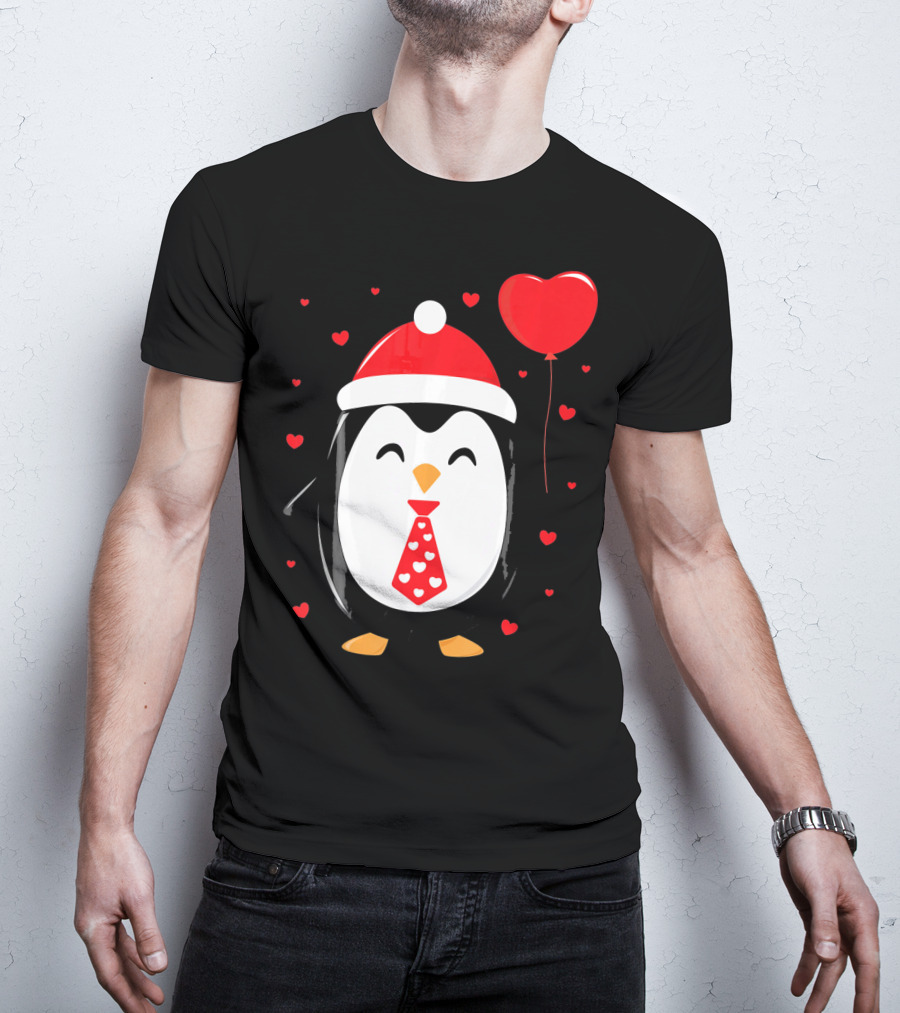 Penguin Valentines Day Heart Balloon Santa Hat And Hearts T-Shirt