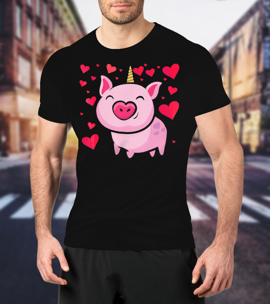 Pigacorn Valentine Unicorn Pig With Hearts For Lovers T-Shirt