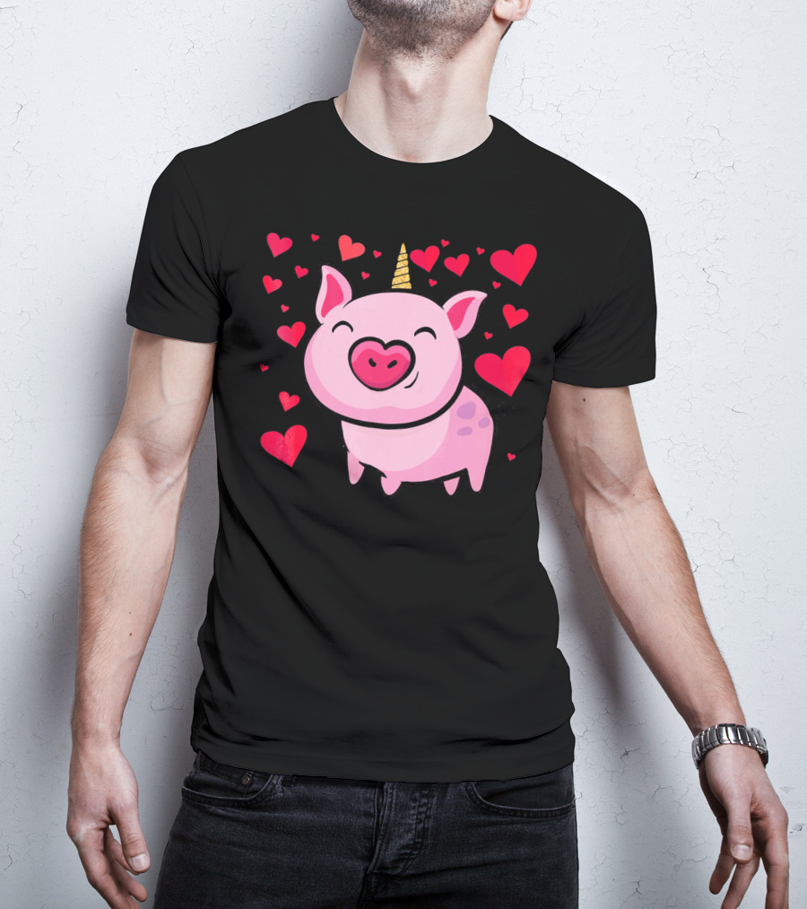 Pigacorn Valentine Unicorn Pig With Hearts For Lovers T-Shirt