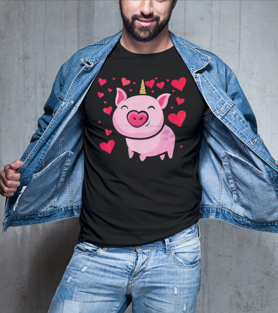 Pigacorn Valentine Unicorn Pig With Hearts For Lovers T-Shirt