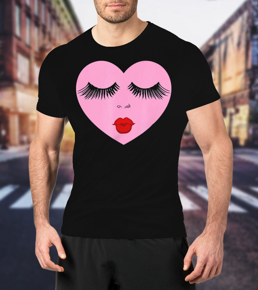 Pink Heart With Eyelashes And Red Lips Valentine T-Shirt